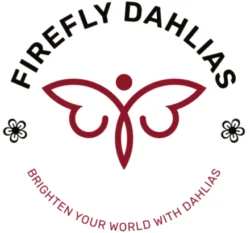 A red and white logo of firefly dahlias.